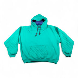 Vintage Eddie Bauer Sweater Adult MEDIUM Green Purple Quilted Hoodie Outdoor Y2K